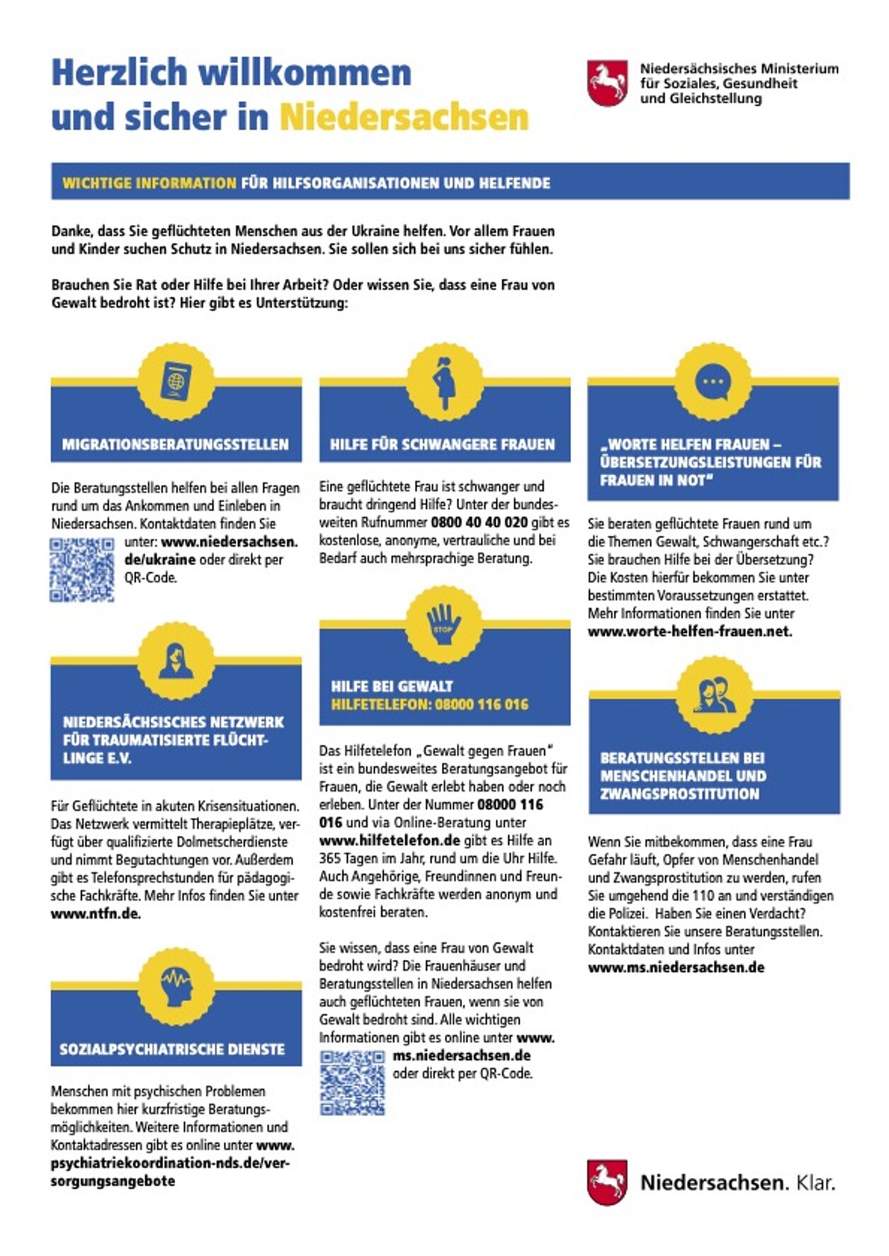 Flyer "Herzlich willkommen und sicher in Niedersachsen" Wichtige Info für Hilfsorganisationen und Helfende Flyer "Herzlich willkommen und sicher in Niedersachsen" Wichtige Info für Hilfsorganisationen und Helfende