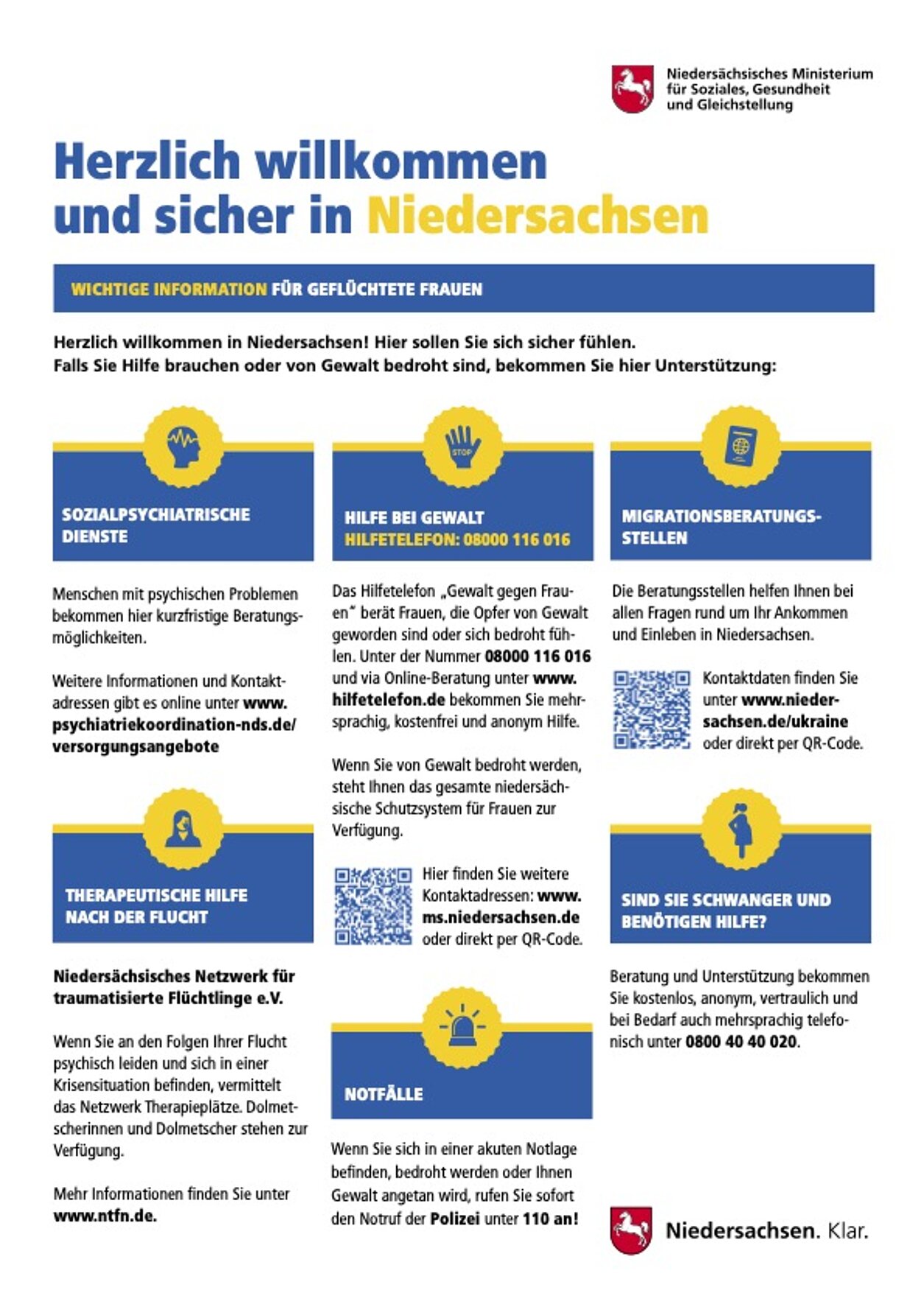 Flyer "Herzlich willkommen und sicher in Niedersachsen" Wichtige Info für geflüchtete Frauen (deutsch) Flyer "Herzlich willkommen und sicher in Niedersachsen" Wichtige Info für geflüchtete Frauen (deutsch)