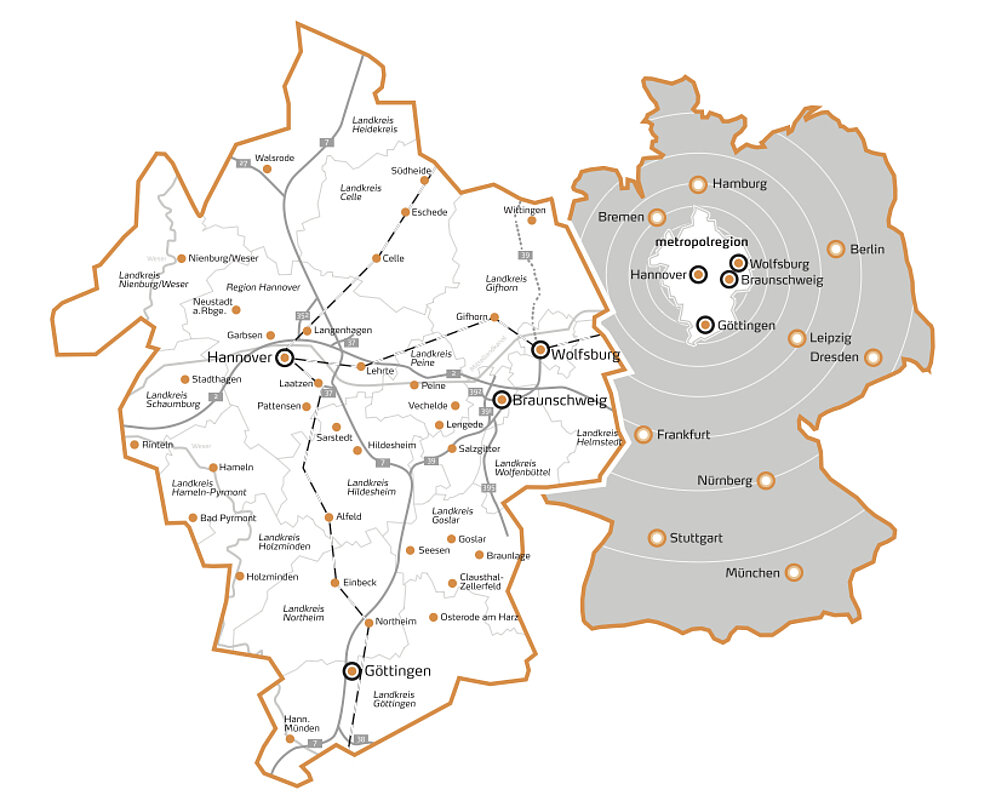 Grafik der räumlichen Ausdehnung der Metropolregion Hannover Braunschweig Göttingen Wolfsburg Grafik der räumlichen Ausdehnung der Metropolregion Hannover Braunschweig Göttingen Wolfsburg