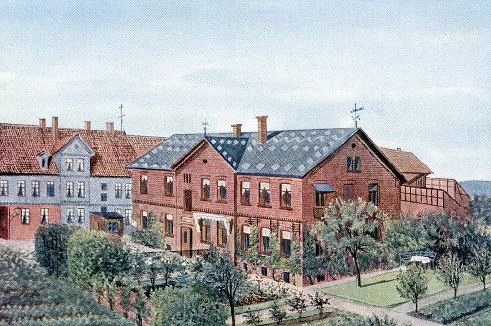 Das Gebäude der Druckerei Stegen in seiner ursprünglichen Form in einer Aufnahme von 1896. Stegen-Gartenbrink1896-01-Druckerei