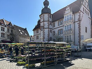 Das Rathaus mit Wochenmarkt heute. 20230419_Wochenmarkt_Rathaus_0593